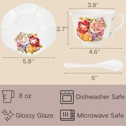 Pumtus Tea Cups and Saucers Set of 6, 8 OZ Vintage Ceramic Teacups with Spoon, Floral Rose British Coffee Mug, Elegant Bone China Cup Gift Set for Cappuccino, Espresso, Latte, Afternoon Tea Party