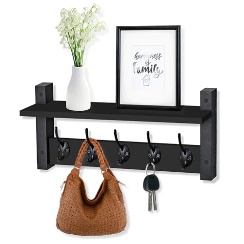 Sorbus Coat Hooks Wall Mount with Shelf – 16 Inch Coat Rack Wall Mount with 5 Heavy Duty Hooks – Floating Wall Shelf with Hooks for Entryway, Bathroom, Bedroom, Kitchen, or Mudroom (Black) - color: Black, size: 16 Inch
