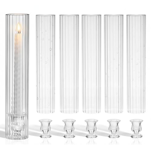 CHILL RECIPE Hurricane Glass Candle Holders-Set of 6 Tall Taper Candle Holder with 14” Tall Clear Cylinder Covers for Wedding Table Centerpiece Home Decor (Floral Base+Ribbed Chimney) - color: Ribbed, size: 14Inch (6Pcs)