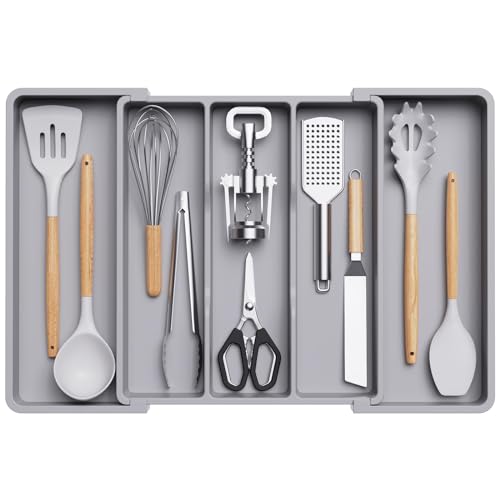 Lifewit Utensil Organizer for Kitchen Drawers, Expandable Utensil Tray | Adjustable Cooking Cutlery Silverware Flatware Holder, Plastic Spatula Tools Storage Divider, 13-22 x 15", Gray - color: Gray, size: Large(13-22''W x 15"D)