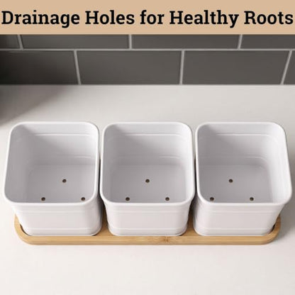 Herb Planter Indoor, 3-pc Herb Pots w/ Drainage Holes, Bamboo Tray & Labels | Iron Herb Pots, Varnished Bamboo Tray with Anti-Skid Base, Customizable Oval Sticker and Stick Labels & Chalkboard Marker Pen - color: White