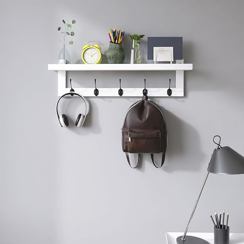 SMIBUY Coat Hooks with Shelf Wall-Mounted, 29.2 Inch Entryway Coat Rack for Wall, Bamboo Hanging Shelf with 5 Double Metal Hooks for Bathroom, Bedroom, Kitchen, Living Room (White + Black) - color: White + Black