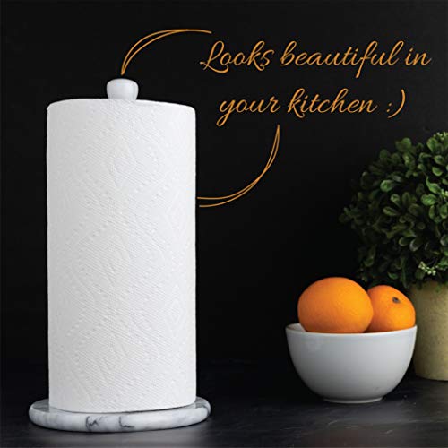 Marble Paper Towel Holder – Deluxe Upright Towel Dispenser for Kitchen Countertop, Cabinet & Bathrooms – Non Steel & Non Plastic Design – Heavy Duty, Solid Paper Towel Holder Stand (White)
