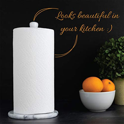 Marble Paper Towel Holder – Deluxe Upright Towel Dispenser for Kitchen Countertop, Cabinet & Bathrooms – Non Steel & Non Plastic Design – Heavy Duty, Solid Paper Towel Holder Stand (White)