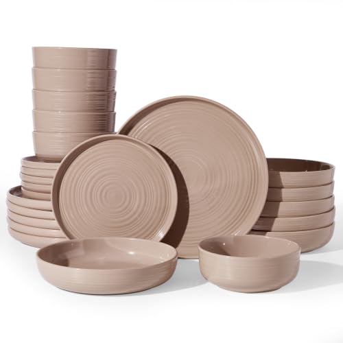 Stoneware Dinnerware Sets with Pasta Bowls, Service for 6 | 24-Piece Ceramic Plates and Bowls, Speckled Spiral Dishes, Chip & Scratch Resistant, Microwave & Dishwasher Safe, White Honey - color: Cinnamon Brown, size: Service for 6 (24pc) - Double Bowls