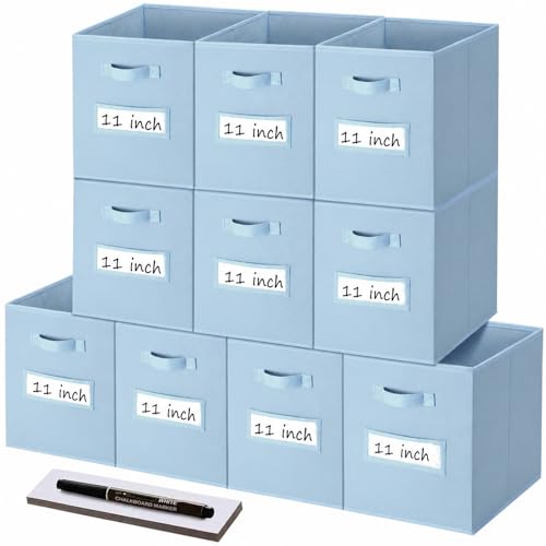 Storage Bins,11" Cube Storage Bin with Labels,10pcs,Pastel Blue | Fabric Storage Cubes for Shelves,11 Inch storage cube bins with 10 Labels Window Cards & a Pen. - color: Pastel Blue, size: 11"