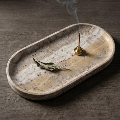YKAJO Onyx Travertine Oval Marble Tray, 11.8x5.9 Vanity Perfume Organizer | Honed natural stone; jewelry & trinket dish, ring & key holder, soap & candle catchall; bath counter, dresser, coffee table - color: Onyx Travertine, size: 11.8" x 5.9" x 0.6"