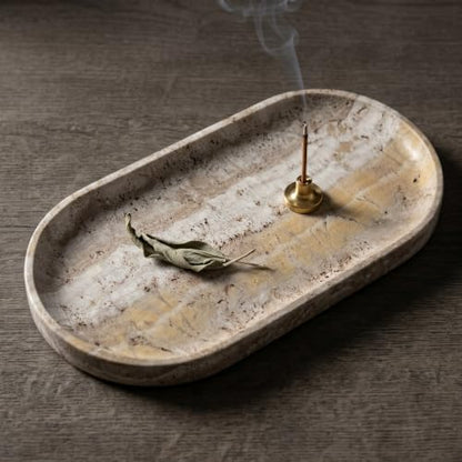 YKAJO Onyx Travertine Oval Marble Tray, 11.8x5.9 Vanity Perfume Organizer | Honed natural stone; jewelry & trinket dish, ring & key holder, soap & candle catchall; bath counter, dresser, coffee table - color: Onyx Travertine, size: 11.8" x 5.9" x 0.6"