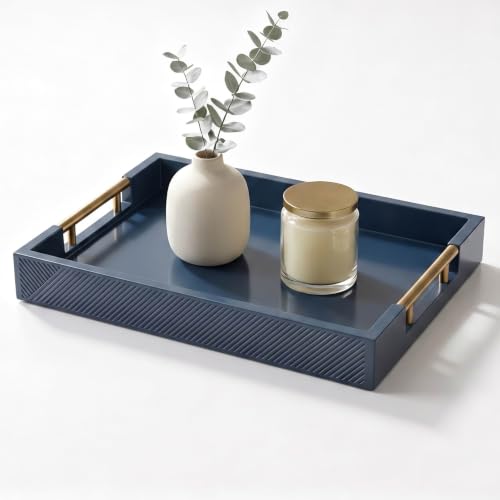 Decorative Serving Tray, Modern Rectangle Wood Tray with Polished Metal Handles, Glossy Finish, 16.5x12 Inch, for Coffee Table, Ottoman (Blue) - color: Blue
