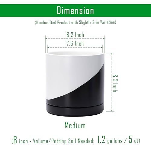 D'vine Dev 8.2 Inch Ceramic Planter Pot, Black White Diagonal, 94-O-D-K | Modern Cylinder Design, Drainage Hole & Saucer Included, Stable Structure, Elegant Home Accent - color: Oblique Monochrome Black & White, size: Medium