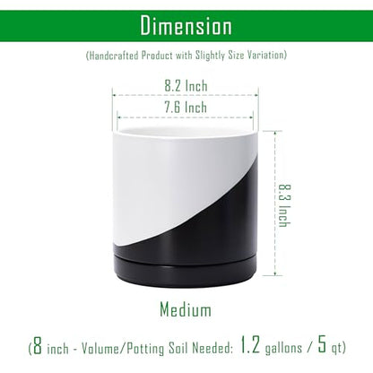 D'vine Dev 8.2 Inch Ceramic Planter Pot, Black White Diagonal, 94-O-D-K | Modern Cylinder Design, Drainage Hole & Saucer Included, Stable Structure, Elegant Home Accent - color: Oblique Monochrome Black & White, size: Medium