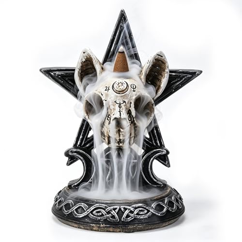 Cat Skull Backflow Incense Burner – Occult Mystic Ouija Incense Cone Holder with Triple Moon Pentagram for Wiccan Altar Gothic Witch Decor, Witch Wicca Gift, 6.25 Inch High - color: Multi-color Cat Skull