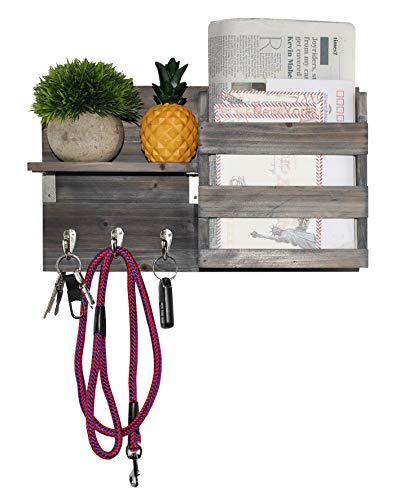 Wall-Mounted Key Holder Hooks - Rustic Wood Weathered Grey & Black - Entryway Organizer for Mail, Leashes, and Purses - Floating Shelf, 16.5” W x 9.75" H x 4.5” D - color: Weathered Grey & Black Organizer & Wood Shelf