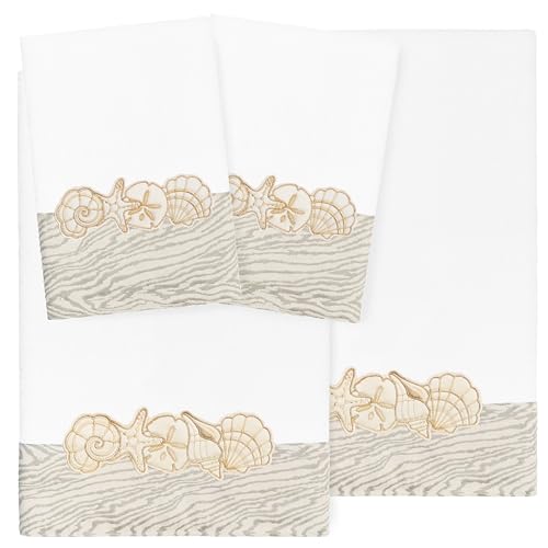 Seaside 4-Piece Luxury Towel Set, Sparkling Seashell Applique, Plush Turkish Cotton, Durable & Quick Dry, Nautical Bath Ensemble, 2 Bath 2 Hand Towels, White - color: White, size: 2 Pcs Bath 2 Pcs Hand Towel