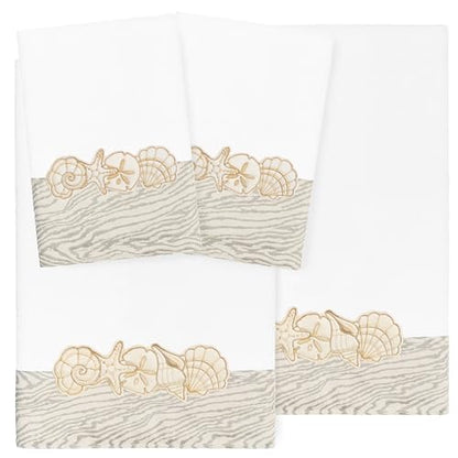 Seaside 4-Piece Luxury Towel Set, Sparkling Seashell Applique, Plush Turkish Cotton, Durable & Quick Dry, Nautical Bath Ensemble, 2 Bath 2 Hand Towels, White - color: White, size: 2 Pcs Bath 2 Pcs Hand Towel