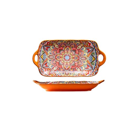 Serving Tray with Handles Rectangular Serving Platter Ceramic Extra Large Plates & Dishes Rectangle (Sunset Fiesta) - color: Sunset Fiesta