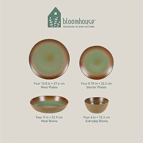 Two Time Oprah's Favorite Things Winner - Palermo Sun Double Bowl Stoneware Reactive Glaze Plates and Bowls Dinnerware Set - Cardamom Green, Service for Four (16pcs) - color: Cardamom Green