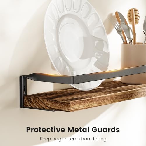 Amada Bathroom Shelves with Towel Bar, Set of 2, Rustic Brown | Floating Shelves with Detachable Towel Bar, Protective Metal Guards, Paulownia Wood, Bathroom, Living Room & Kitchen Storage - color: Rustic Brown