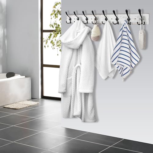 Kuhome 32.2'' Large Coat Rack Wall Mount Coat Hooks with 8 Metal Black Triple-Hooks Old White Pine Real Wood Plank Hat Rack for Wall Hooks - color: Old White Plate & Black Hook, size: 1 Item-8 Hooks