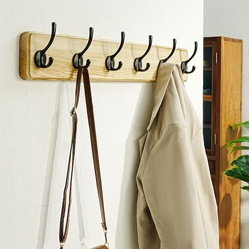 Coat Rack Wall: 24" Long, Patented, Heavy-Duty, 6-Double-Hooks Wooden Wall Mounted Coat Rack Coat Hanger Hook Rail for Winter Coats Hat Jacket Clothing, Light Brown - color: Light Brown & Black, size: L=24"(1pcs)