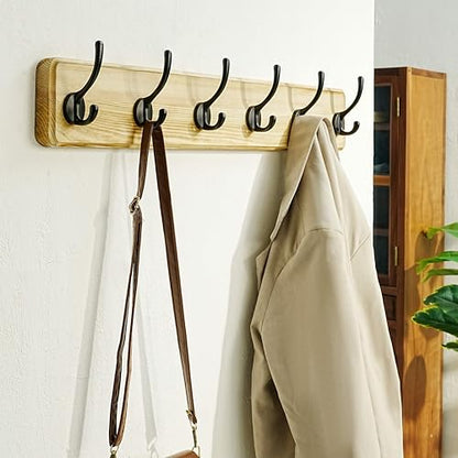 Coat Rack Wall: 24" Long, Patented, Heavy-Duty, 6-Double-Hooks Wooden Wall Mounted Coat Rack Coat Hanger Hook Rail for Winter Coats Hat Jacket Clothing, Light Brown - color: Light Brown & Black, size: L=24"(1pcs)
