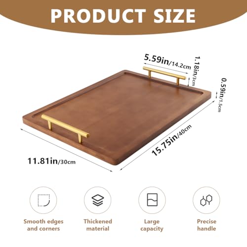Wood Serving Tray with Metal Handles,Decorative Serving Tray, Food Drinks Tray for Breakfast, Coffee Table, Dinner & Bar, Kitchen, Bedroom (Brown)