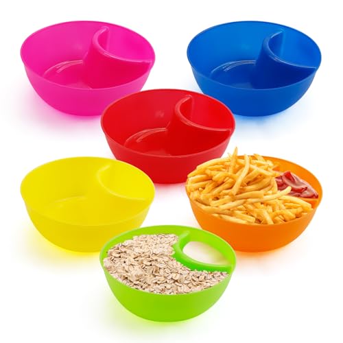 JINGIHE Chip and Dip Serving Set, 6 Pack Anti-Soggy Divided Salsa Bowls Microwave Dishwasher Safe, Plastic Reusable Snack Sauce Containers for Cereal Yogurt Berries