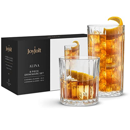 JoyJolt Drinking Glasses Set of 8, Alina Ribbed Glassware. 12oz Rocks Glass and 14oz Highball Glass set. Cocktail Glasses, Iced Coffee Cup or Water cups. Heavy Base Glassware Set - style: Fluted Glasses