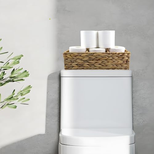 2 Pack 3-Section Woven Water Hyacinth Baskets Rectangular Storage Bins | Multi Compartment Desk Organizer for Countertop, Coffee Bar, Pantry and Toilet Tank Shelves