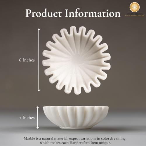 SWADESHI BLESSINGS Handcrafted Marble Ruffle Bowl for Home Decor, 6" | 100% Real White Marble, Catch-all Scalloped Fluted Decorative Bowl for Ring Dish, Fruit Bowl, Coffee&Dining Table, Gift-Ready - size: 6 Inches