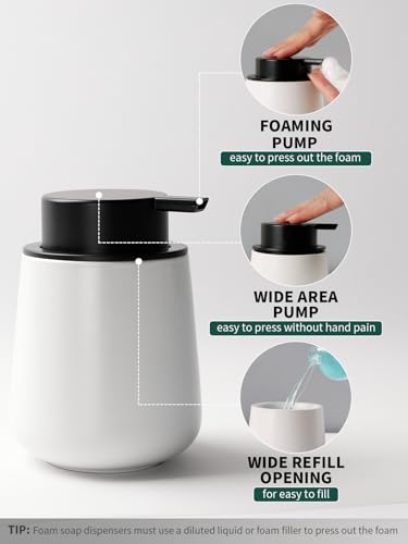 Bosilunlife Soap and Toothbrush Holder Set - Ceramic Bathroom Accessories Set White Foaming Hand Soap Dispenser Set Bathroom Counter Toothbrush Holder and Soap Dispenser Set - color: White-rounded Base Foam