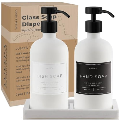 Glass Soap Dispenser Set of 2 (White) with Silicone Tray | Hand and Dish Soap Dispenser for Kitchen and Bathroom | 16.8 Oz Glass Bottles with Stainless Steel Pump & 15 Waterproof Labels (White/Black) - color: White/Black