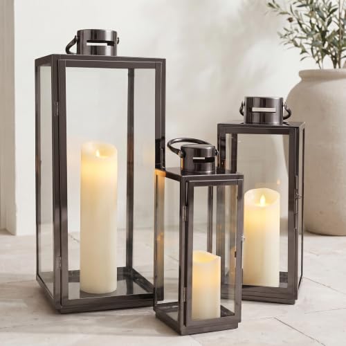 NEEDOMO Stainless Lanterns Decorative Outdoor & Indoor, Set of 3 Outdoor Lanterns for Porch, 25"/ 19.5"/15" Candle Lantern,Stainless with Glass, Vintage Farmhouse, Patio, Pathway, Garden, Christmas - color: Dark Grey
