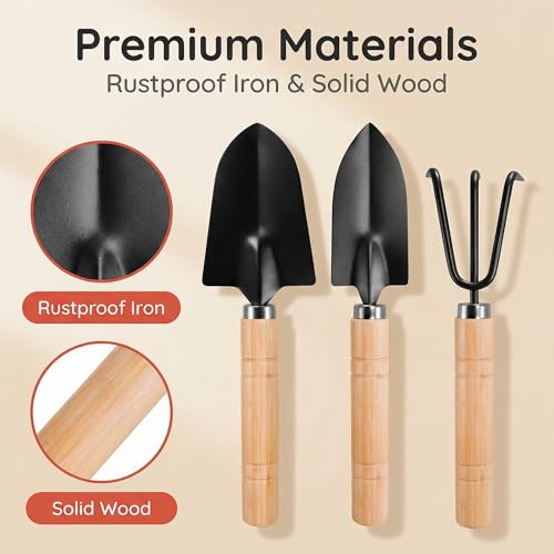 3PCS Small Garden Tools Set - Mini Garden Tools Set with Trowel, Shovel & Hand Rake Made of Rust-Resistant Iron & Solid Wood for Indoor Plants, Succulents, Potting & Repotting