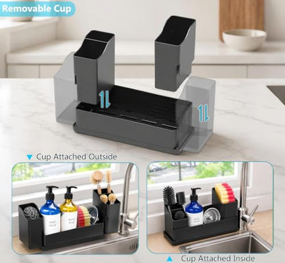 Sponge Holder for Kitchen Sink with Drying Stone, Black | Kitchen Caddy Sink Organizer, 2 Removable Cups, Premium ABS, Anti-Slip, 12.7" Sponge and Soap Holder for Kitchen Counter - color: Black