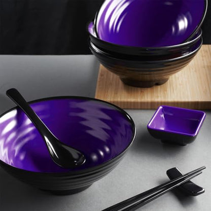 Unbreakable Ramen Bowl Set with Chopsticks and Spoon: 2 large Japanese Style Melamine Ramen Bowls (2 Bowl Set, Purple-Black) - color: Purple & Black, size: 2 Bowl Set
