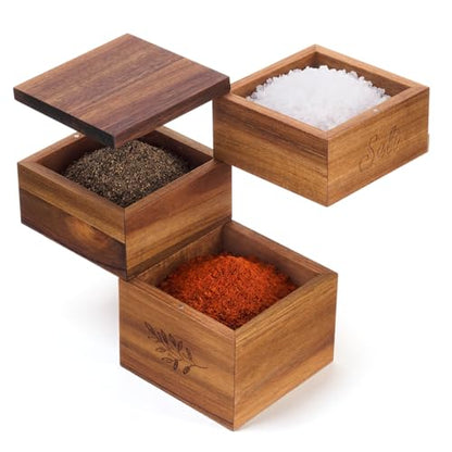 3 Tier Acacia Wood Salt Cellar, Square Swivel Triple Pepper Storage Box, Spice Box with with Magnetic Swivel Lids, Seasoning Holder for Salt, Herbs, and Spices, Grilling & Cooking