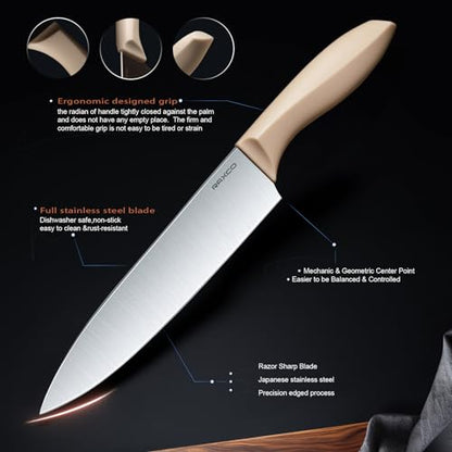 Cooking Utensils Set,18-Piece Kitchen Utensils and Knife Set,Khiki | Food-grade Silicone Utensils Heat-resistant to 410°F,5-Piece Stainless Steel Kitchen Knife with Sharpener and Cutting Board - color: Khiki
