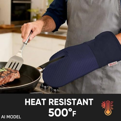 YUTAT Silicone Oven Mitts,High Heat Resistant Up to 500 Degrees,Waterproof Cooking Gloves with Soft Polyester Filling,Kitchen Potholder Set - Perfect for BBQ,Baking and Cooking,2 Pcs Set(Deep Blue) - color: Dark Blue-striped Surface, size: 13“L x 7"W-2 Pi