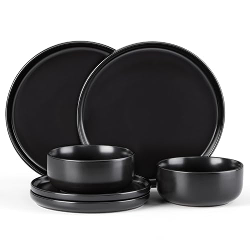 E-far Stoneware Dinnerware Sets for 2, 6-Piece Plates and Bowls Set, Modern Ceramic Dishes Dinning Ware, Microwave & Dishwasher Safe - Matte Black - color: Matte Black, size: Service for 2