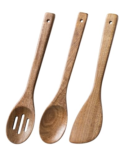 Wooden Spoons for Cooking, 3-Piece Acacia Wood Cooking Utensil Set | Slotted spoon, solid spoon and spatula handle stirring, draining, flipping and serving while staying gentle on nonstick pans. - color: Acacia Brown