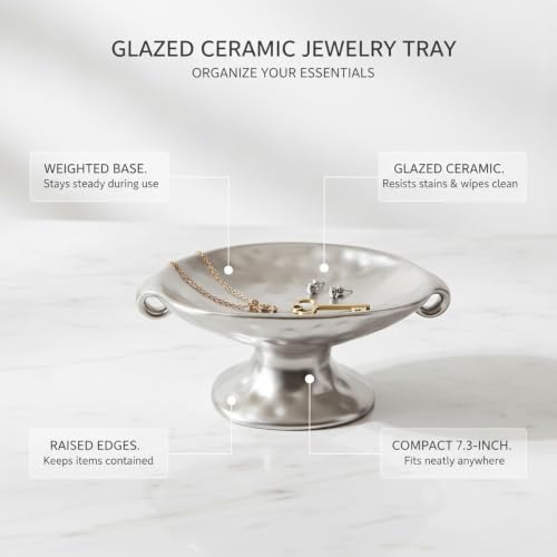 Glazed Ceramic Jewelry Tray for Vanity, Dresser, or Entryway Organization - Silver