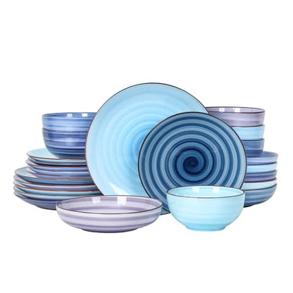 Selamica Ceramic Plates and Bowls Set, 24 Pieces Dinnerware Sets for 6, Scratch Resistant Dishes Set, Handpainted Swirl with Spot Dishwasher & Microwave Safe, Gradient Blue - color: Gradient Blue, size: 24 Pieces