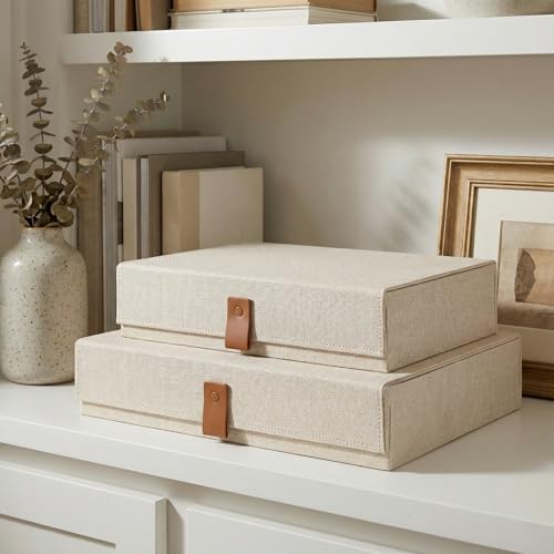 ZICOTO Decorative Photo Storage Boxes with Lids - Set of 2 Linen Organizers | Beautiful Boxes Safely Store Your Pictures, Documents, Scrapbooking Supplies, Keepsakes and Other Memories in Style - color: Ivory