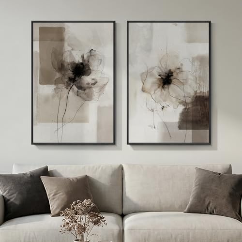 Framed Neutral Abstract Floral Wall Art for Living Room, Set of 2 Black and Brown Canvas Prints Artwork for Walls, Large Modern Minimalist Flower Earthy Pictures Bedroom Hallway Wall Decor, 24x36 Inch - color: Neutral Brown