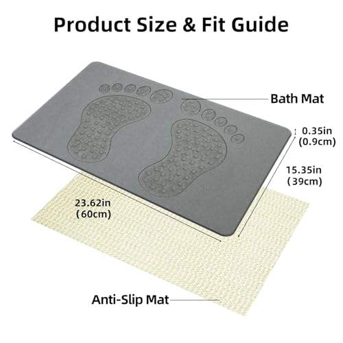 Stone Bath Mat - Diatomite Quick Non Slip Absorbent Shower Mat 23.6"×15.4" | Super Absorbent Diatomaceous Earth Mat for Bathroom, Non-Slip, Quick-Drying, Easy to Clean, Foot Massage Bumps, Gray