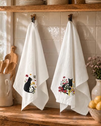 Embroidered Flour Sack Kitchen Towels, Black Cat | Exquisite Embroidery, Pure Cotton, Lightweight, Nostalgic Design, with Hanging Loop, Softer After Wash, Machine Washable - color: Cat in Flower