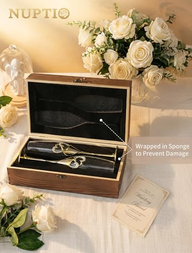 NUPTIO Crystal Champagne Flutes, Wedding Gifts for Couple, Gold, Set of 2 | Rhinestone Rimmed Heart Toasting Glasses with Wooden Gift Box for Engagement, Anniversary, Party, Bridal Showers, 6.76oz - color: Gold