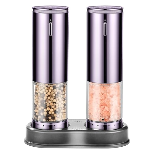 Electric Rechargeable Salt and Pepper Grinder Set - Automatic Grinder, External Adjustable Coarseness, LED Light, One-Hand Operation, Stainless Steel & Acrylic, USB Charging, Purple (Set of 2) - size: Dark Purple