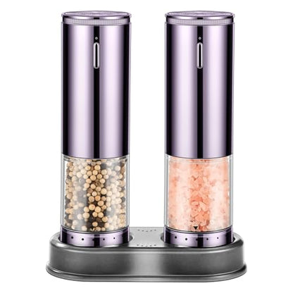 Electric Rechargeable Salt and Pepper Grinder Set - Automatic Grinder, External Adjustable Coarseness, LED Light, One-Hand Operation, Stainless Steel & Acrylic, USB Charging, Purple (Set of 2) - size: Dark Purple